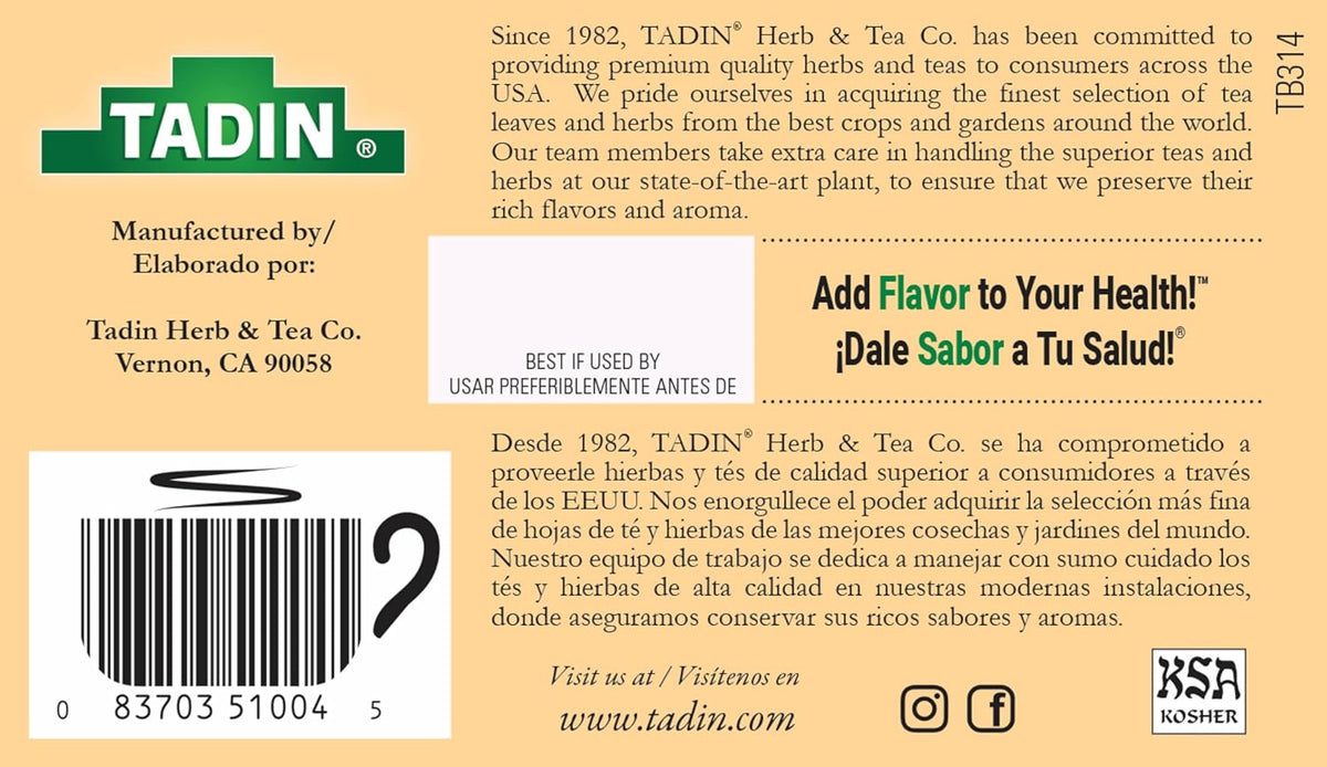 Tadin Cinnamon Tea Blend, Herbal Tea, Contains Caffeine, 24 Tea Bags Per Box, Pack of 6