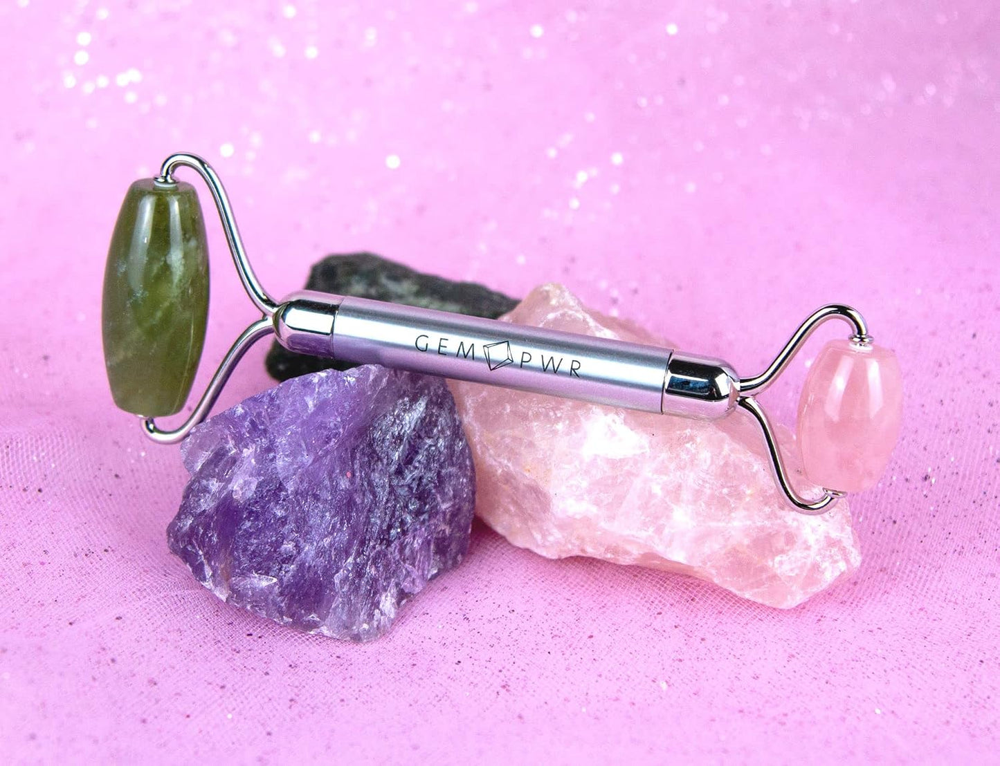 Amethyst + Jade Roller for Face and Neck Massage, Dual Gemstones with Durable Steel Handle and Travel Bag. Minimize Wrinkles, Reduce Puffiness and Restore Skin's Elasticity and Radiance