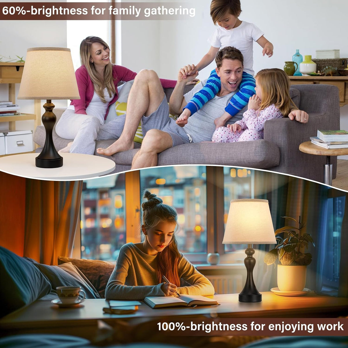 Touch Lamps for Nightstand, 3 Way Dimmable Bedside Lamps with USB C+A Ports