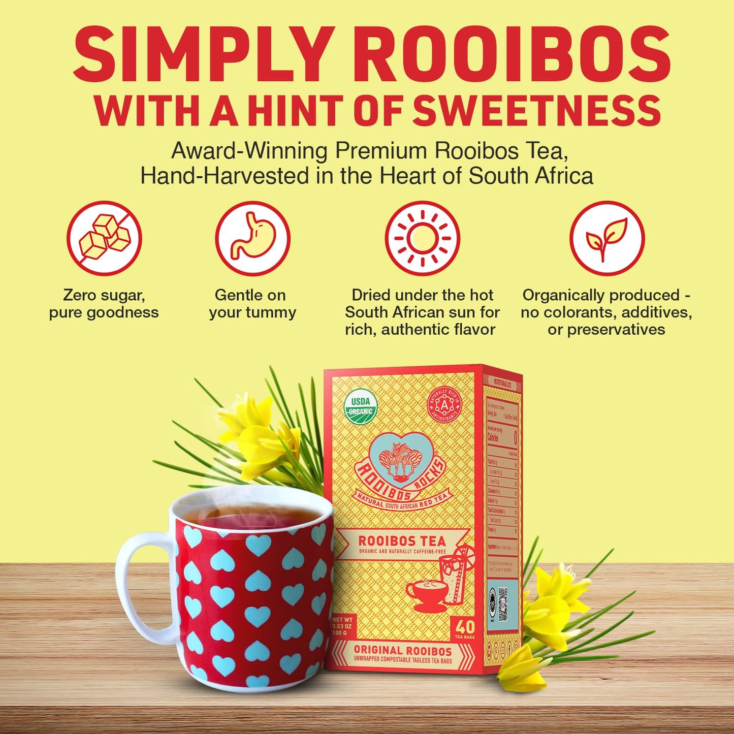 Caffeine Free Organic Rooibos Tea Bags 80 - Naturally Sweet Herbal Tea Safe for Kids & Pregnant Women – Low Tannin Premium South African Tea Red Tea - Sustainably & Ethically Farmed Red Rooibos Tea