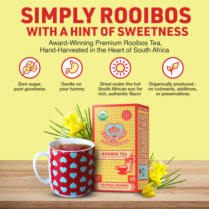 Caffeine Free Organic Rooibos Tea Bags 80 - Naturally Sweet Herbal Tea Safe for Kids & Pregnant Women – Low Tannin Premium South African Tea Red Tea - Sustainably & Ethically Farmed Red Rooibos Tea