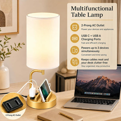 Dreamholder Touch Control USB Table Lamp with USB C/A & AC Outlet, 3-Way Dimmable Bedside Lamp, Modern Nightstand Lamps for Bedroom Living Room Guest Room Office, Bulb Included, Gold