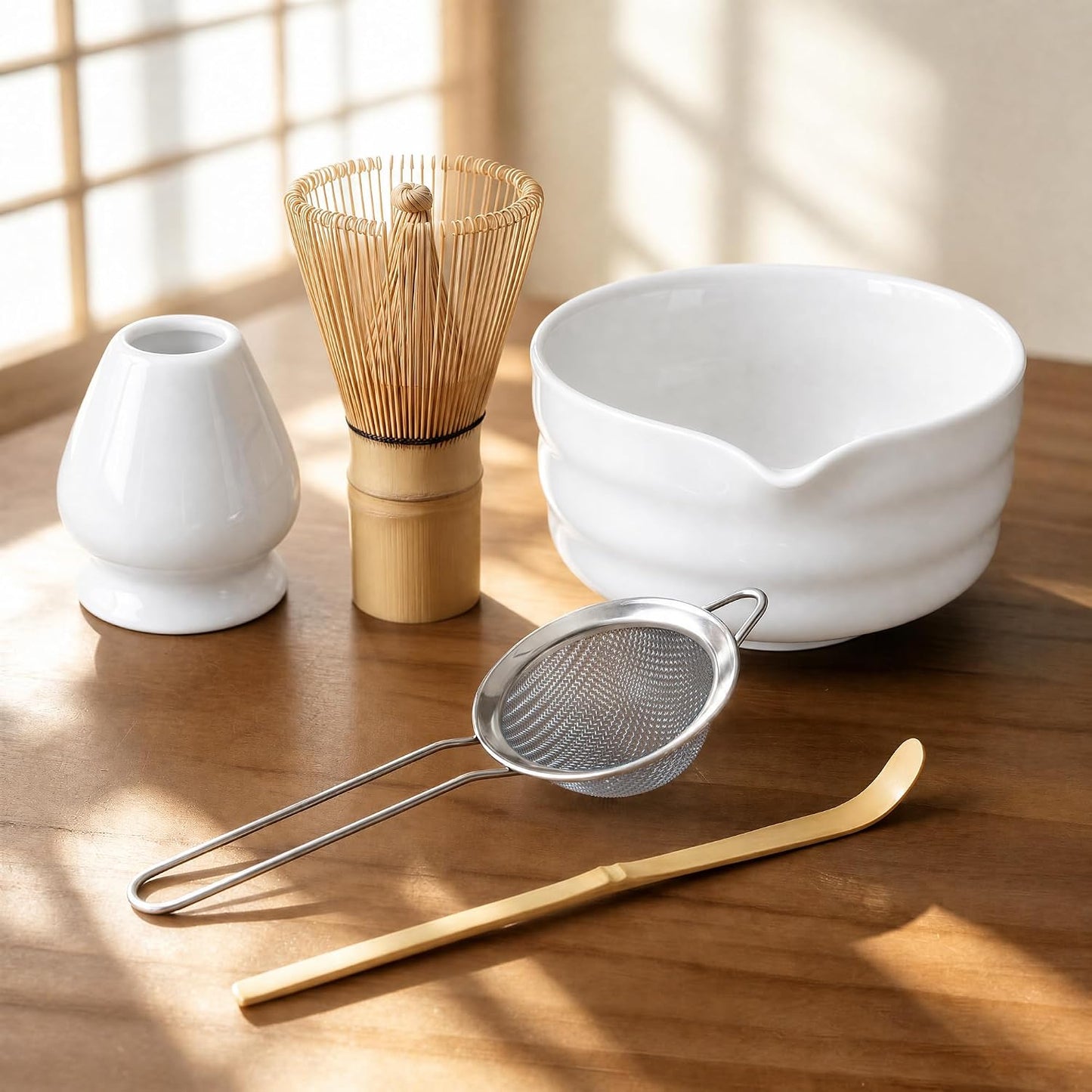 Matcha Whisk Set with Ceramic Bowl - Complete Matcha Making Kit, Bamboo Whisk (Chasen), Whisk Holder, Matcha Powder Sifter, Scoop, Japanese Tea Ceremony Tools（Green）