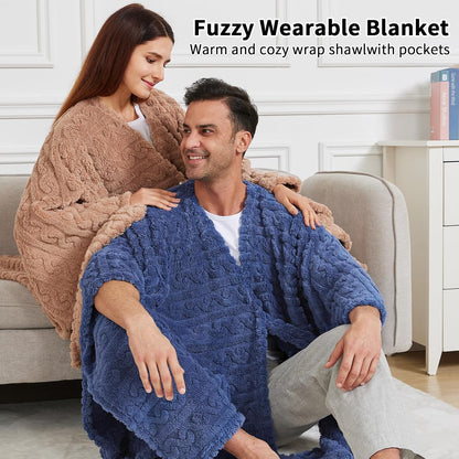Wearable Blanket Poncho Cape Wrap for Adult, Cozy Sherpa Fleece Pocketed Shawl TV Throw Blankets for Office and Lounge(Purple,58'' x 64'')