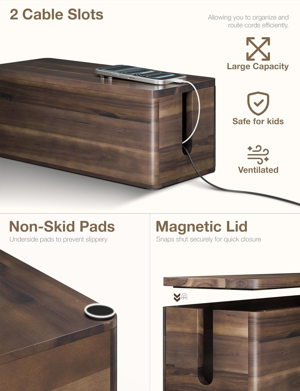 TIDITA 16" L Wooden Large Cable Management Box Round Edge (Walnut Color)