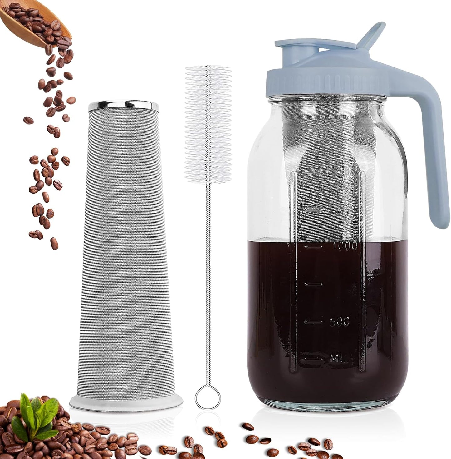 Cold Brew Coffee Maker,64 oz Mason Jar Pitcher with Stainless Steel Filter, Pour Spout Handle Lid, Heavy Duty Glass Airtight & Leak-Proof for Iced Coffee,Tea & Lemonade