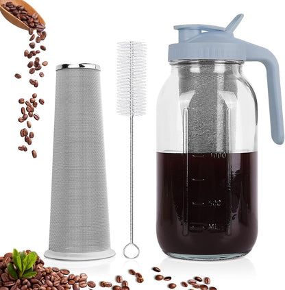 Cold Brew Coffee Maker,64 oz Mason Jar Pitcher with Stainless Steel Filter, Pour Spout Handle Lid, Heavy Duty Glass Airtight & Leak-Proof for Iced Coffee,Tea & Lemonade