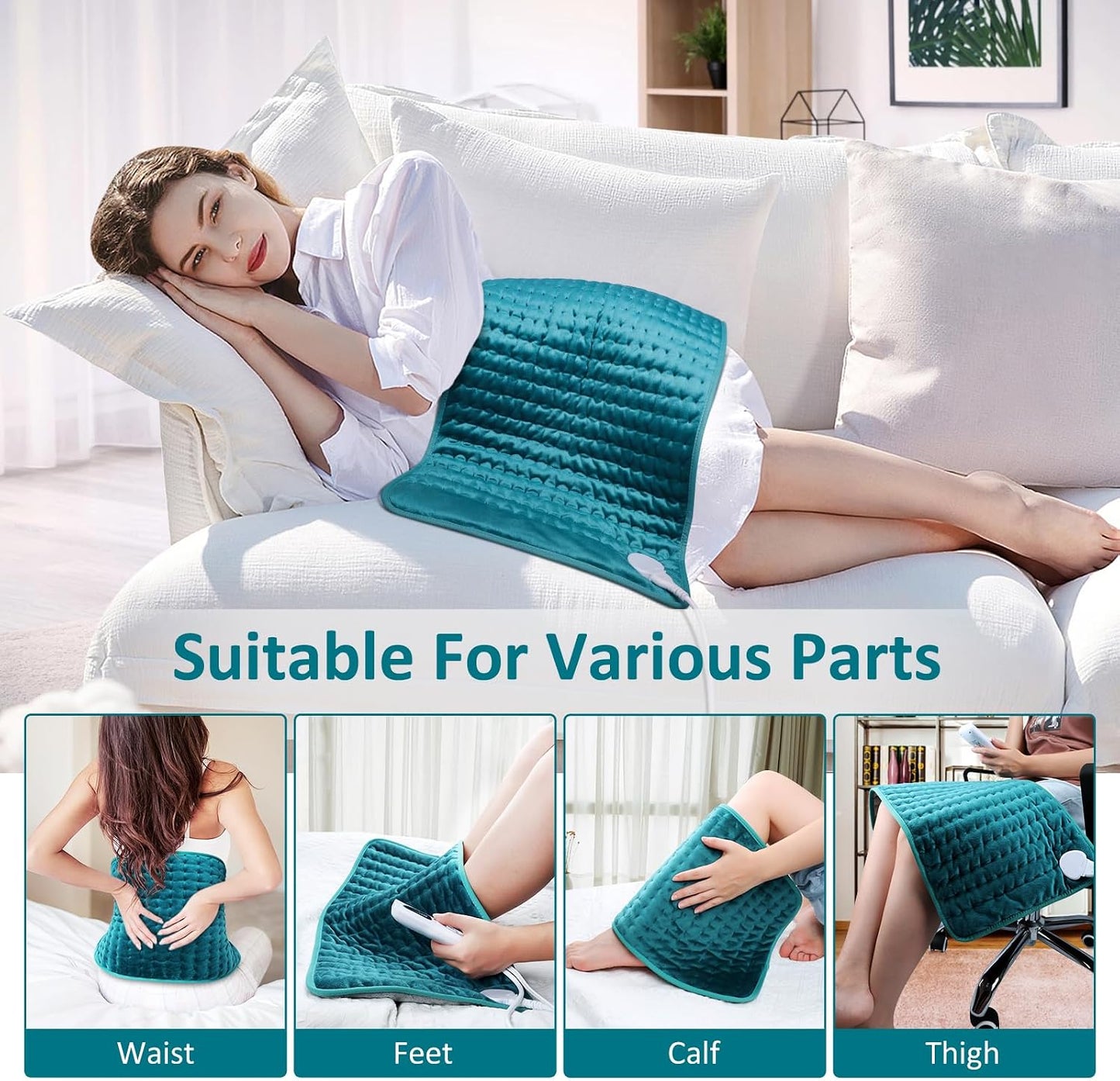 Heating pad for Back/Shoulder/Neck/Abdomen, Heating Pads with 6 Fast Heating Settings, Auto-Off, Machine Wash, Birthday Gifts for Women Mom Men Dad, Extra Large 12"x24", Blue