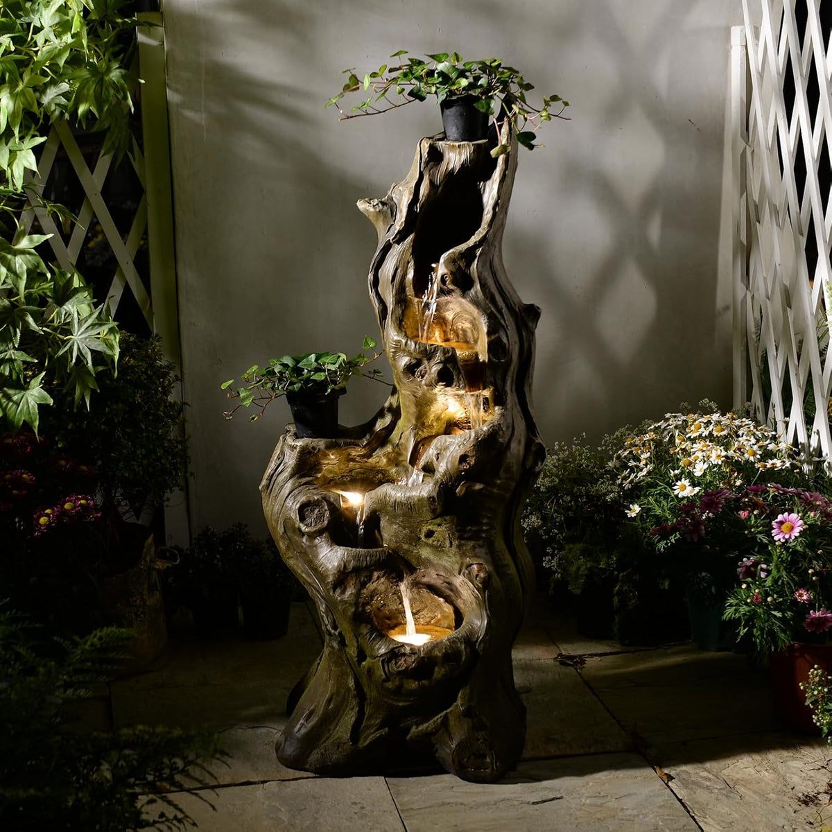 Sunlinua Water Fountain Outdoor, 5-Tier Cascading Realistic Tree Waterfall