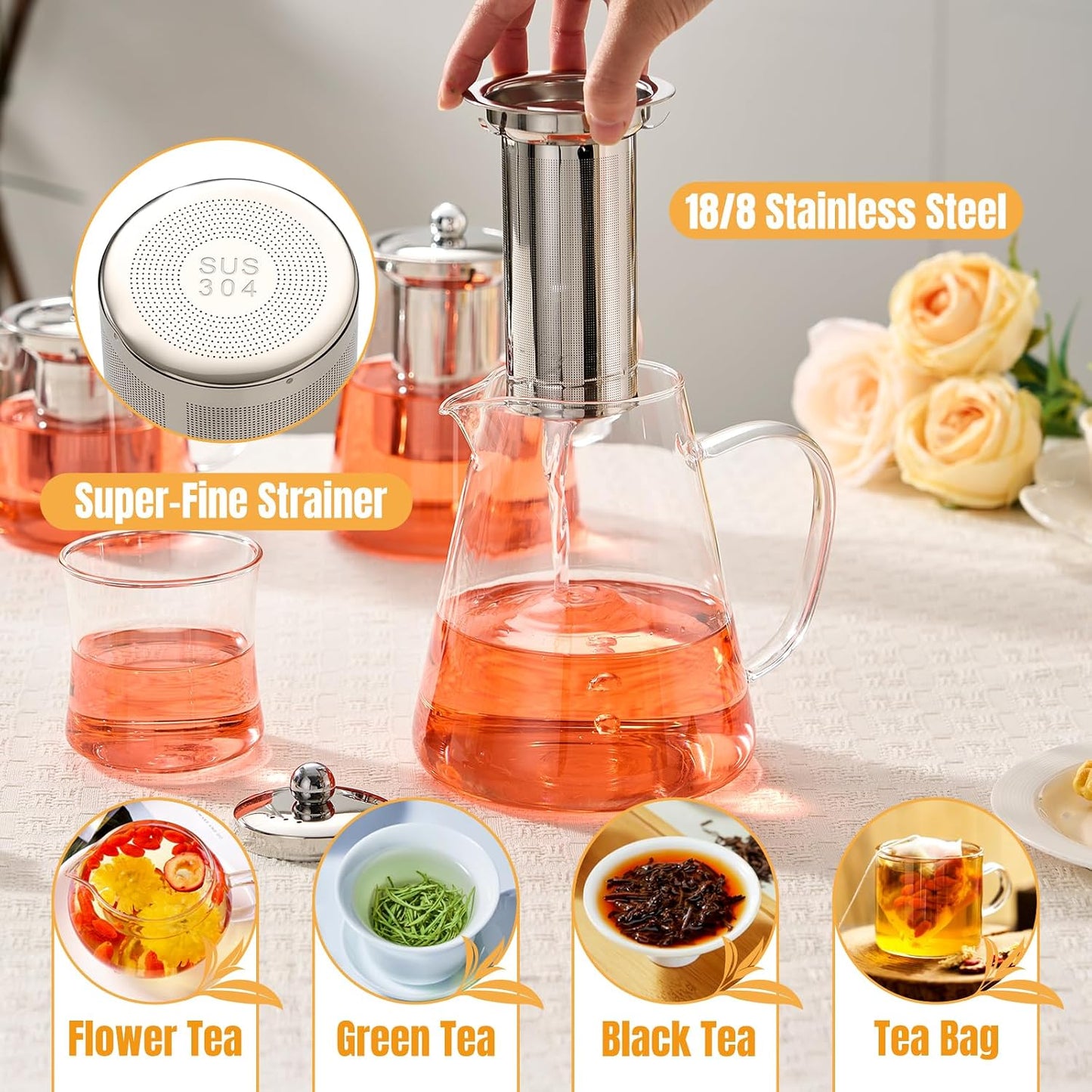 Baalaka Glass Teapot Stovetop 20 OZ/600ml, Tea pot with Removable 18/8 Stainless Steel Infuser, Borosilicate Clear Tea Kettle, Teapot Blooming and Loose Leaf Tea Maker Tea Brewer for Camping, Travel