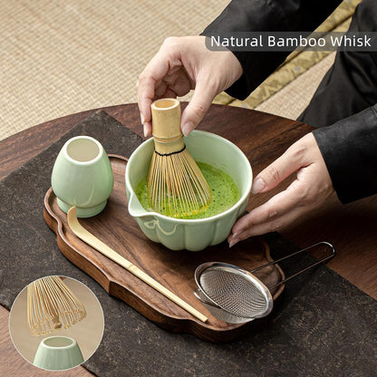 Matcha Whisk Set, Matcha Set Includes Ceramic Matcha Bowl, Bamboo Whisk, Scoop, Chasen Holder, Sifter, 5 Pcs Perfect Matcha Kit for Matcha Lover (Mottled Green)