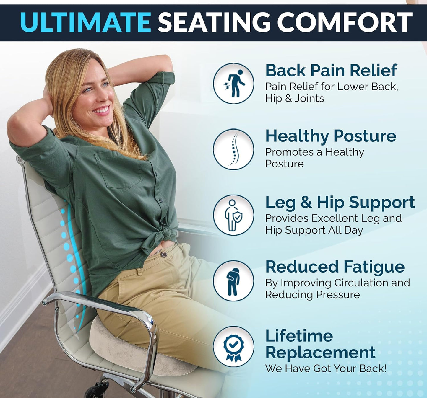 ComfiLife Gel Enhanced Seat Cushion – Office Chair Cushion – Non-Slip Gel & Memory Foam Coccyx Cushion for Tailbone Pain - Desk Chair Car Seat Cushion Driving - Sciatica & Back Pain Relief (Navy)