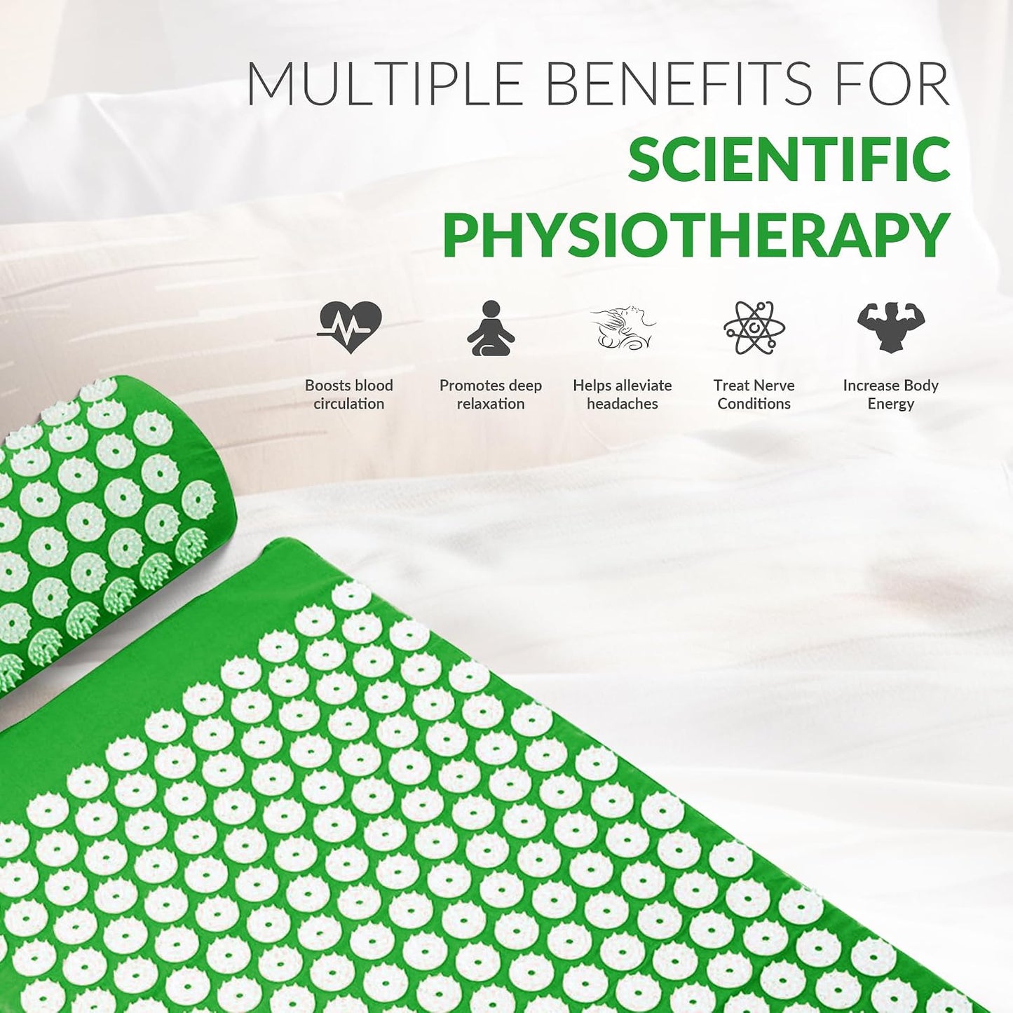Fitvids Acupressure Mat and Pillow Set for Back/Neck Pain, Acupuncture Products to Relieve Muscle Fatigue, Improve Insomnia for Sedentary People, Acupuncture Eases Stress, Massage Mat, Green