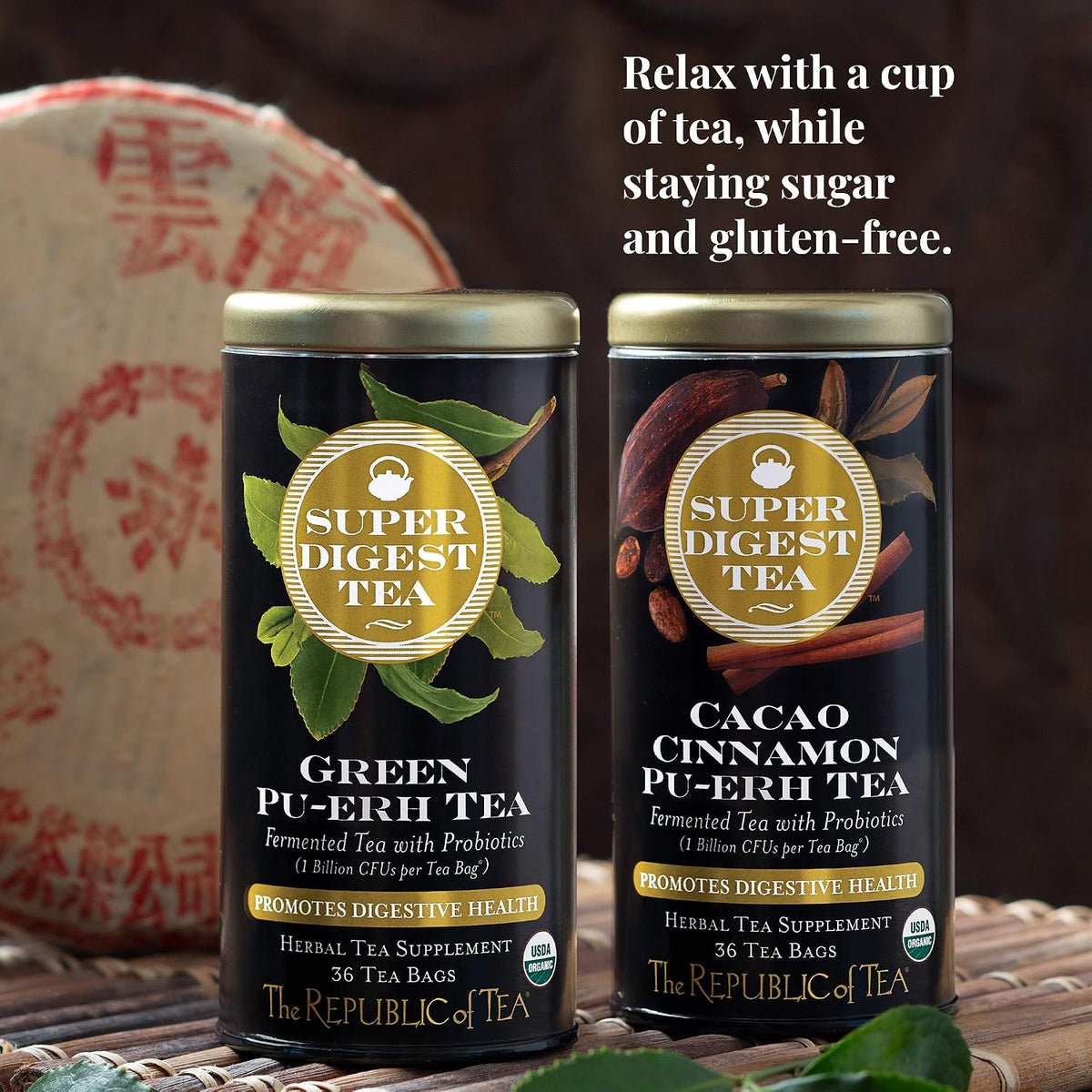 The Republic of Tea Organic Cacao Cinnamon Pu-erh SuperDigest Tea® | Probiotic Tea Bags (36 count)