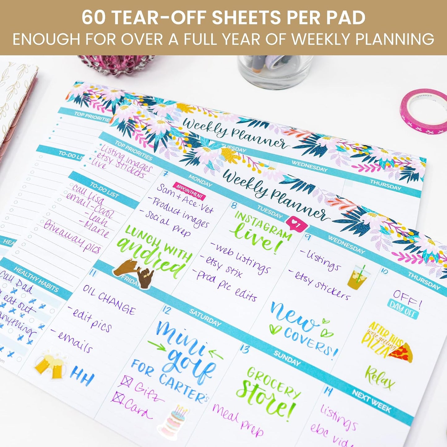 bloom daily planners Horizontal Weekly To Do List Notepad with 60 Undated Sheets - Weekly Desk Planner or Chore Pad with Priorities & Habit Tracker - 8.5” x 11” - Pastel