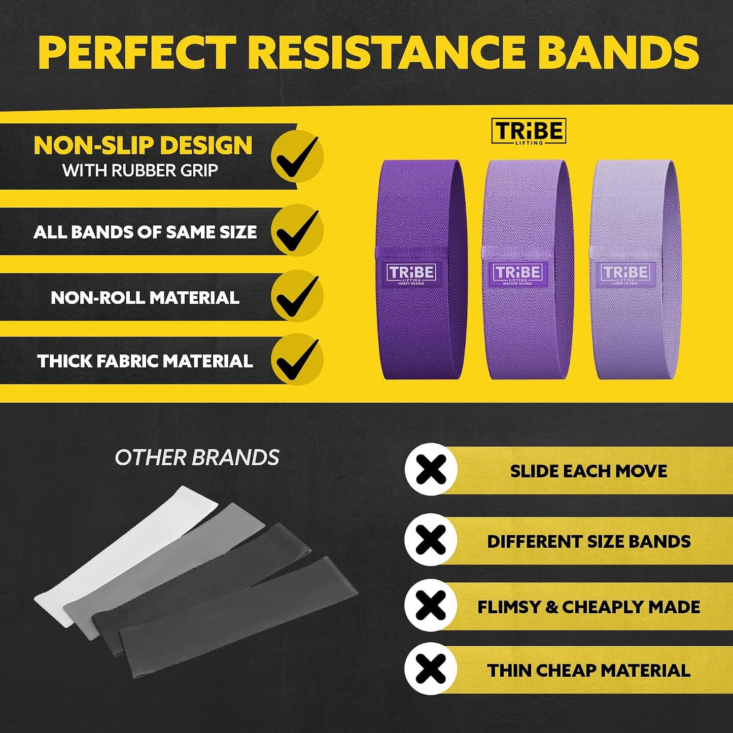 Tribe Lifting Resistance Bands for Working Out - 3 Pack Fabric Workout Bands for Women and Men - Booty Bands for Legs and Glute - Non Slip Exercise Bands Set for Squat Hip Thigh