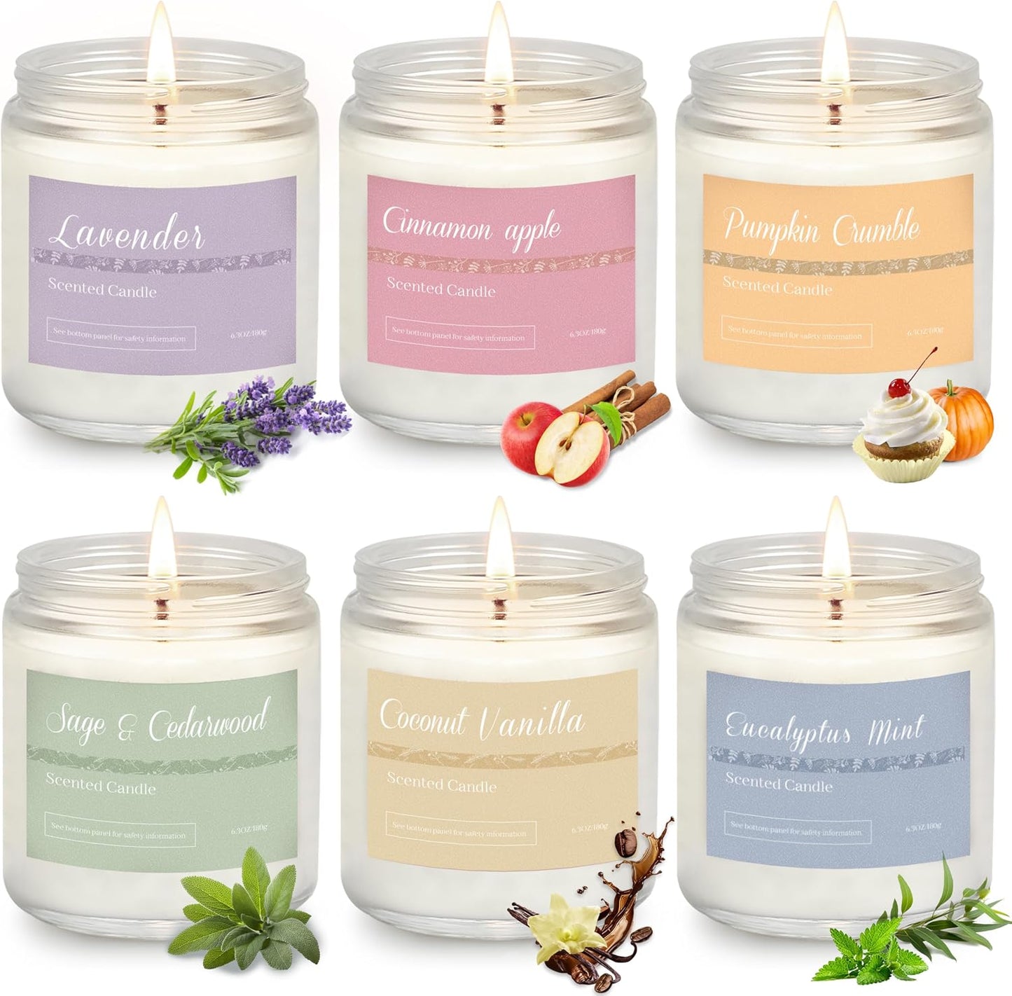 Scented Candles Gift Set, Long Lasting 6 Pack Aromatherapy Candles for Home, 42 oz 300 Hour Burn, Lavender Jasmine Vanilla Sage Sandalwood Rose Eucalyptus Mint, Gifts for Women
