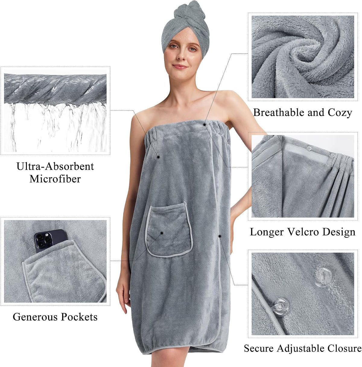 PJGGZ Towel Wrap for Women, Adjustable Button Quick Dry Absorbent Bath Wrap