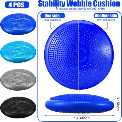 Sotiff 4 Pcs Inflated Wobble Cushion Flexible Wiggle Seat 14” L x 3.2” H Stability Balance Disc with Pump for Sensory Adult Physical Exercise Equipment