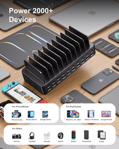 20-Port 270W Charging Station for Multiple Devices with 10 Charging Cables
