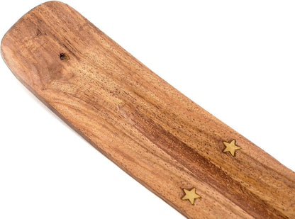 Wooden Incense Holder for Sticks with Inlays of Brass Crescent Moon 10 inches Long
