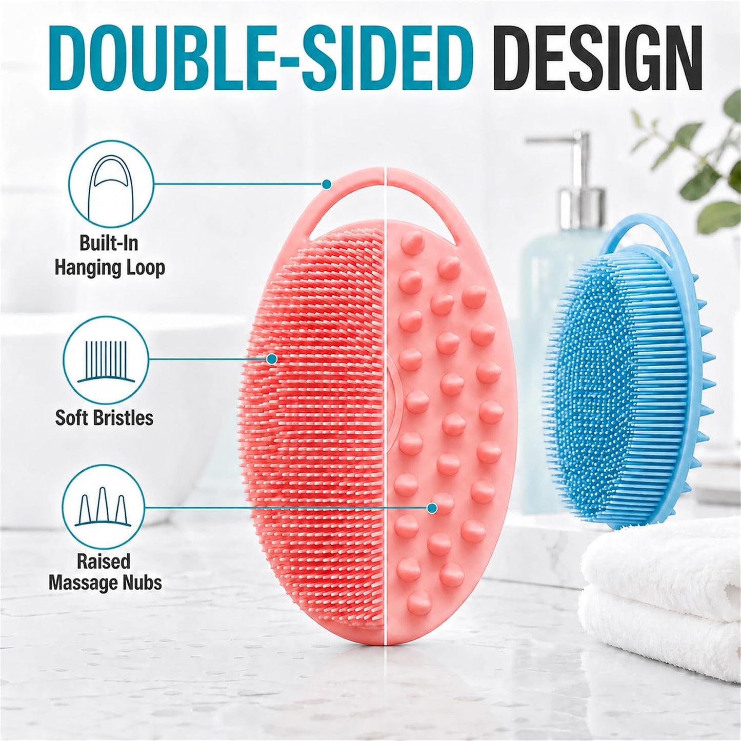 2 Pack Silicone Body Scrubber, Loofah Double-Sided Body Brush,Shower Scrubber and Scalp Massager Shampoo Brush for Sensitive Kids Women Men All Kinds of Skin (Black & Pink)