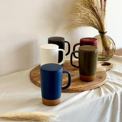Mora Ceramics Large Tea Mug with Loose Leaf Infuser and Ceramic Lid, 18 oz, Portable, Microwave and Dishwasher Safe, Tall Coffee Cup - Rustic Matte Ceramic Glaze, Modern Herbal Tea Strainer, Olive