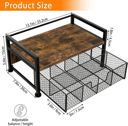 Tea Bag Organizer, Wooden Tea Box with Drawer and Top Tray, Rustic Brown