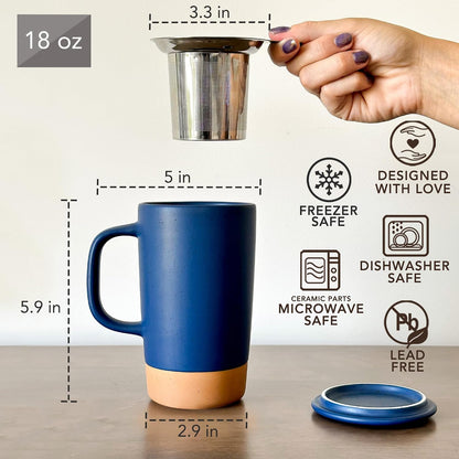 Mora Ceramics Large Tea Mug with Loose Leaf Infuser and Ceramic Lid, 18 oz, Portable, Microwave and Dishwasher Safe, Tall Coffee Cup - Rustic Matte Ceramic Glaze, Modern Herbal Tea Strainer, Olive