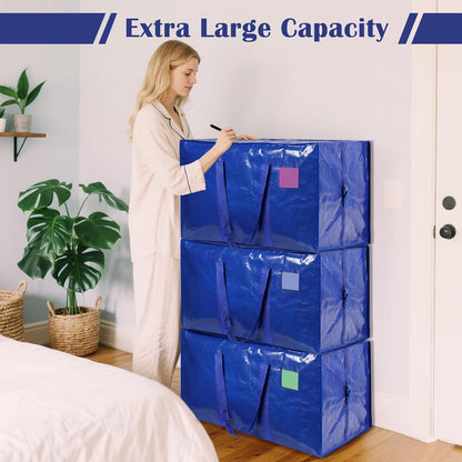 Moving Bags Heavy Duty 210GSM with Full-Open Side Zipper, 93L 220lbs Waterproof Foldable Storage Totes for College Dorm Move-In, Moving Boxes Alternative & Home Organization, Blue