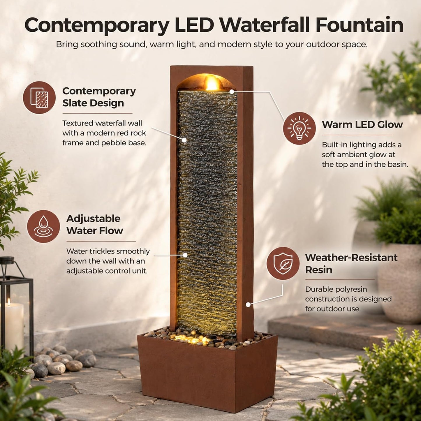 Teamson Home 38.58 in. Modern Curved Faux Slate Waterfall Fountain for Indoors or Outdoors with LED Light Accents and 1.98-Gallon Pump, Black and Stone Gray | Freestanding Floor Garden Waterfall, LED Lights, Weatherproof Polyresin, For Patio & Yard