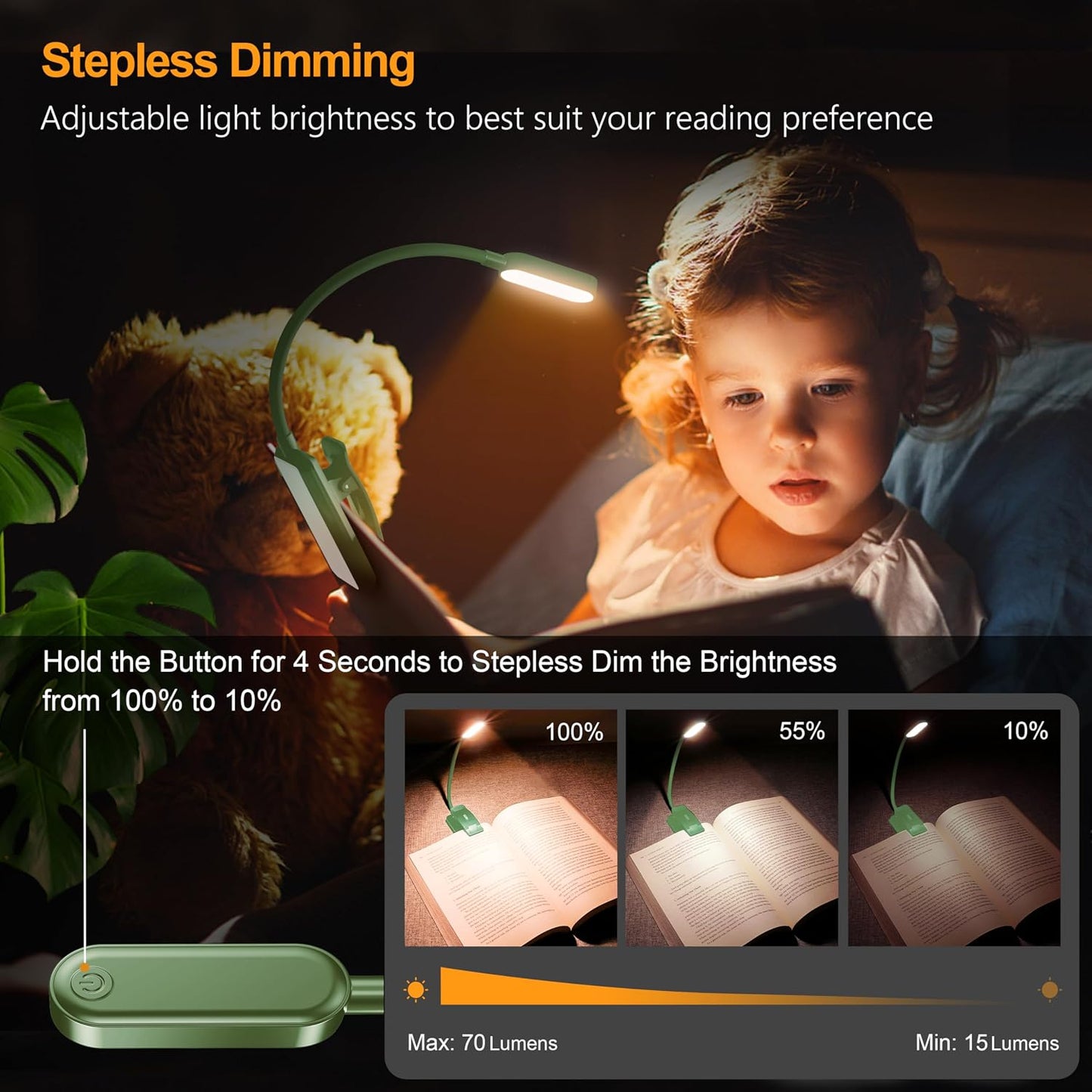 Gritin 16 LED Rechargeable Book Light for Reading in Bed- Eye Caring 3 Color Temperatures, Stepless Dimming Brightness, 80 Hrs Runtime, Lightweight Flexible Clip on Light for Book Lovers