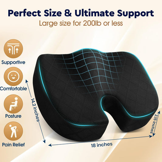 TushGuard Seat Cushion - Memory Foam Sitting Pillow for Office Chair, Car Seat, Airplane, Bleacher - Sciatica & Hip & Coccyx Pain Relief Desk Chair Cushion for Long Sitting Office Workers, Car Drivers