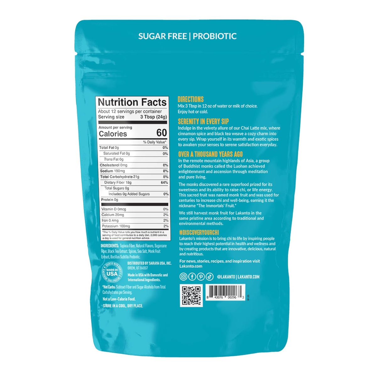 Lakanto Sugar Free Chai Latte Drink Mix - Monk Fruit Sweetened, Iced Chai or Hot Chai Tea, Vegan, Probiotics, Rich Flavor, Chai Spices, Keto Diet Friendly (9.9 Oz)