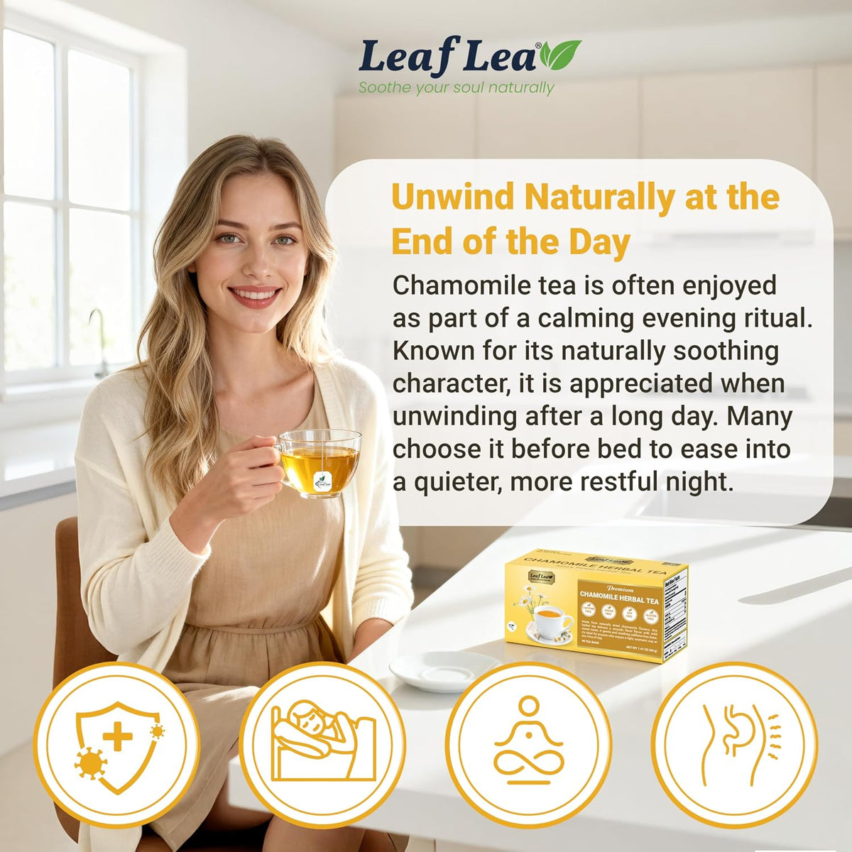 LeafLea Chamomile Herbal Tea Bags, Calm Evening Routine, 80 Count