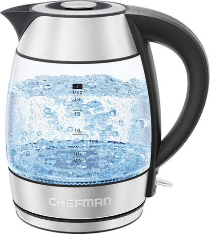 Chefman Electric Kettle, 1.8L 1500W, Hot Water Boiler, Removable Lid for Easy Cleaning, Auto Shut Off, Boil-Dry Protection, Stainless Steel Filter, BPA Free, Borosilicate Glass Electric Tea Kettle