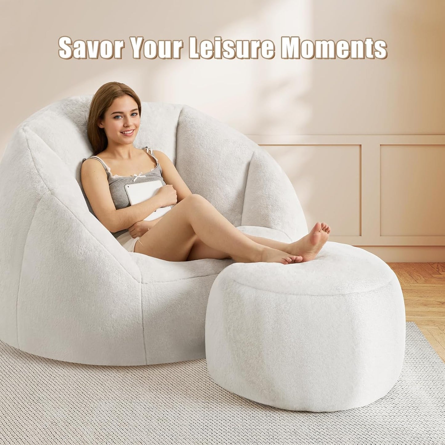 Round Stuffed Pouf Ottoman Foot Rest, Faux Fur Poufs with Memory Foam Filling, Ottomans for Living Room, Nursery, Dorm, Soft Foot Stool Ottoman for Couch, Perfect for Resting Your Feet (Grey, 20 Inch)