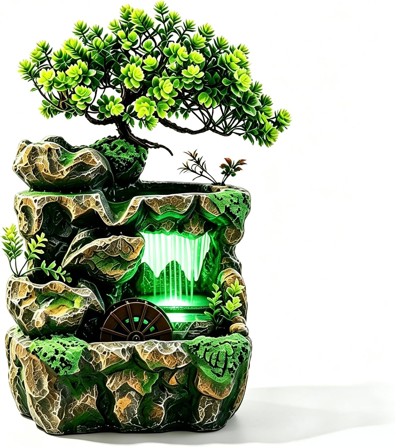 Mini Artificial Bonsai Tree Waterfall Fog Feature Rock Tabletop Fountain | 11in Desktop Decor Waterfall Fountain W/ Water Pump& Atomizer&LED Lights &Fake Tree Office Bedroom Relax