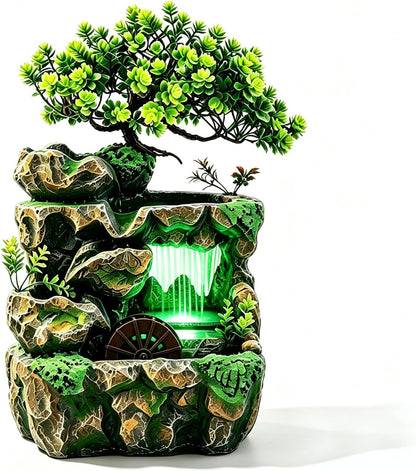 Mini Artificial Bonsai Tree Waterfall Fog Feature Rock Tabletop Fountain | 11in Desktop Decor Waterfall Fountain W/ Water Pump& Atomizer&LED Lights &Fake Tree Office Bedroom Relax