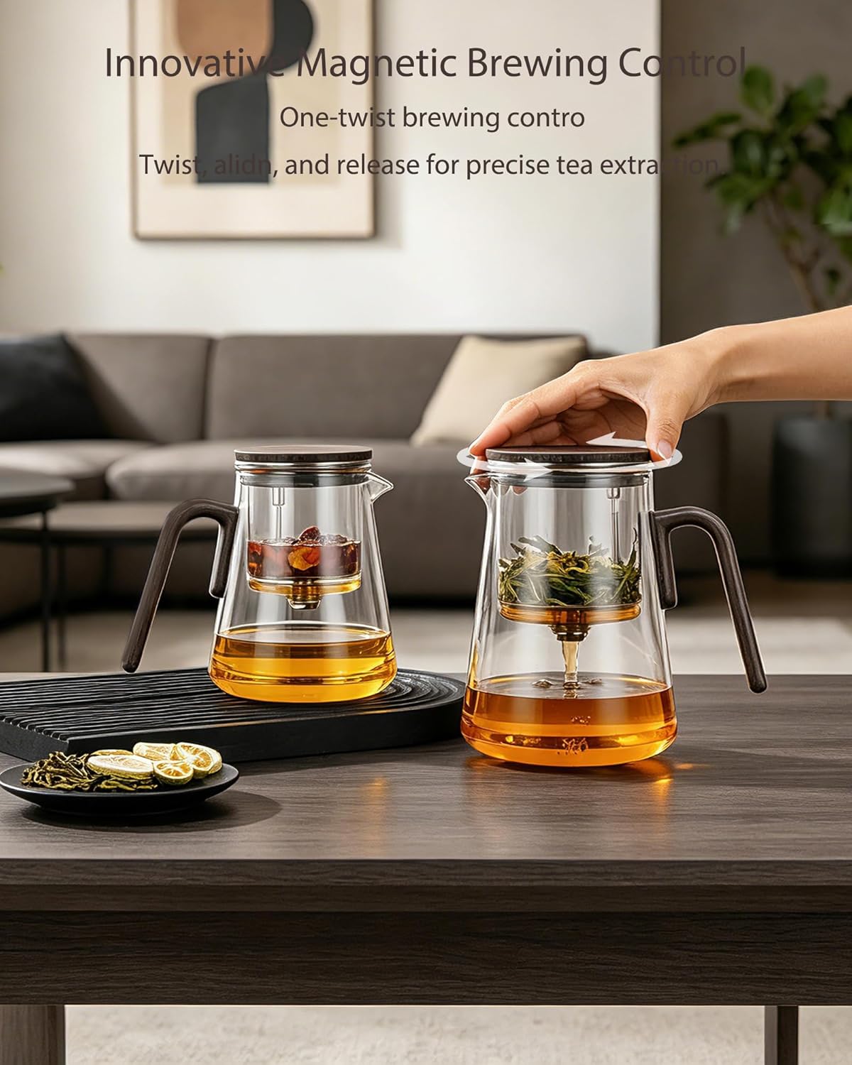 ZENS Magnetic Tea Pot, Enchanted Glass Teapot with Infuser and Magnetic Suction Lid for Mess-Free Loose Tea Diffusers, Walnut Wood Handle, Tea Lovers Gifts