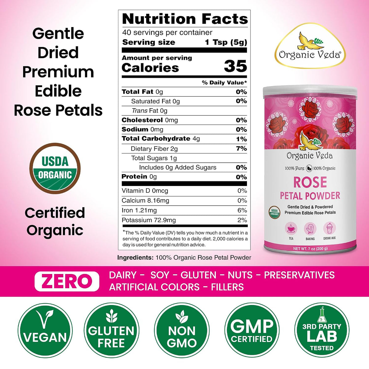 Organic Veda Rose Petals Powder - USDA Organic Edible Dried Rose Petals for Tea, Baking, Drink Mix, DIY Beauty Skin Care, Hair & Face Mask - 100% Pure Rose Powder for Culinary & Aromatherapy, 7 oz