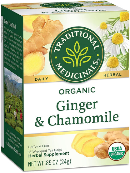 Traditional Medicinals Organic Ginger & Chamomile Herbal Tea, Relieves Occasional Indigestion or Nausea, (Pack of 3) - 48 Tea Bags Total