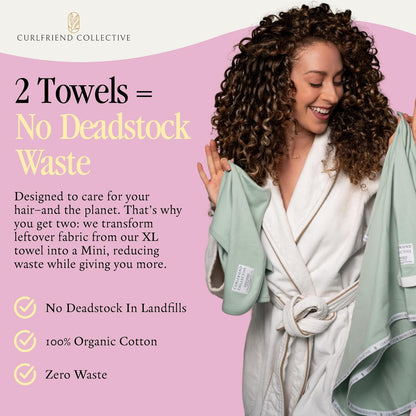Curlfriend Collective Cotton Cloud T-Shirt Hair Towel Duo – Sage The Day Hair Towel Wrap for Women, XL + Mini Hair Drying Towels for Curly Hair, No-Slip Plopping Towel, Ultra Absorbent Cotton