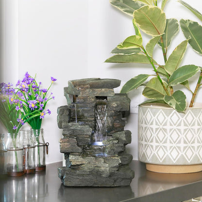 Alpine Corporation 13" Tall Indoor Tabletop Water Fountain, 4 Tier Cascading Water Feature with LED Lights for Home, Office, Living Room, or Zen Decor, Gray