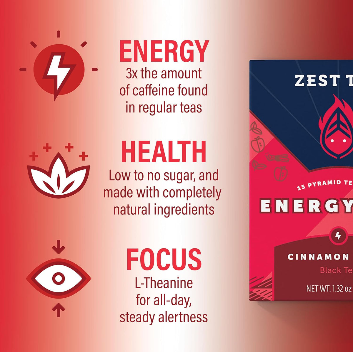 Zest Cinnamon Apple Spice Energy Tea – High Caffeine Black Tea Bags for Focus, Clarity & Morning Energy – Natural Non-GMO Caffeinated Breakfast Tea – Cozy Fall Focus Tea with 150mg Caf – 15Ct Box
