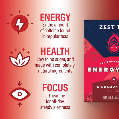 Zest Cinnamon Apple Spice Energy Tea – High Caffeine Black Tea Bags for Focus, Clarity & Morning Energy – Natural Non-GMO Caffeinated Breakfast Tea – Cozy Fall Focus Tea with 150mg Caf – 15Ct Box
