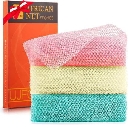 UJFQBH 3 Pieces African Bath Sponge African Net Long Net Bath Sponge Exfoliating Shower Body Scrubber Back Scrubber Skin Smoother,Great for Daily Use (Pink,Yellow,Purple)