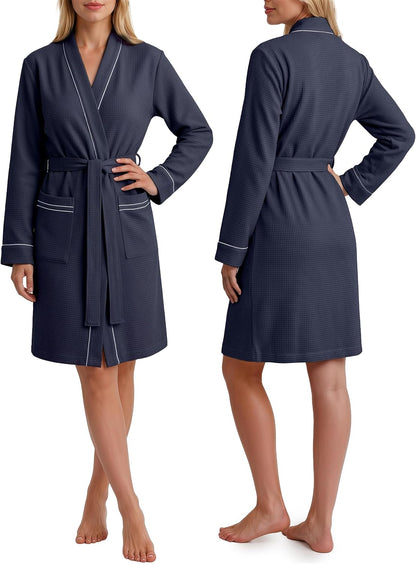 Cotton Blend Lightweight Waffle Robe for Women Knee-Length Soft Bathrobe
