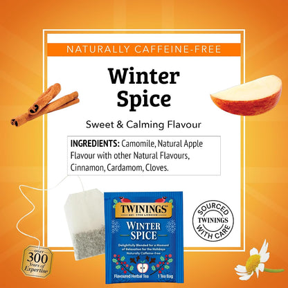 Twinings Winter Spice Herbal Tea Individually Wrapped, 20 Count (Pack of 6), Camomile, Apple, Cinnamon, & Clove, Caffeine-Free, Enjoy Hot or Iced, 120 Teabags
