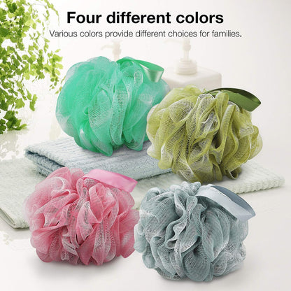 DadyMart Shower Loofah Sponge Pouf – XL Exfoliating Bath Puff Body Scrubber, Soft Mesh Shower Sponge with Reinforced Knot, Rich Lather, Set of 4 for Women and Men